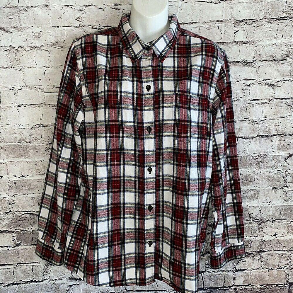 LL Bean Shirt Mens L Red White Plaid Tartan Flannel Button Front B30